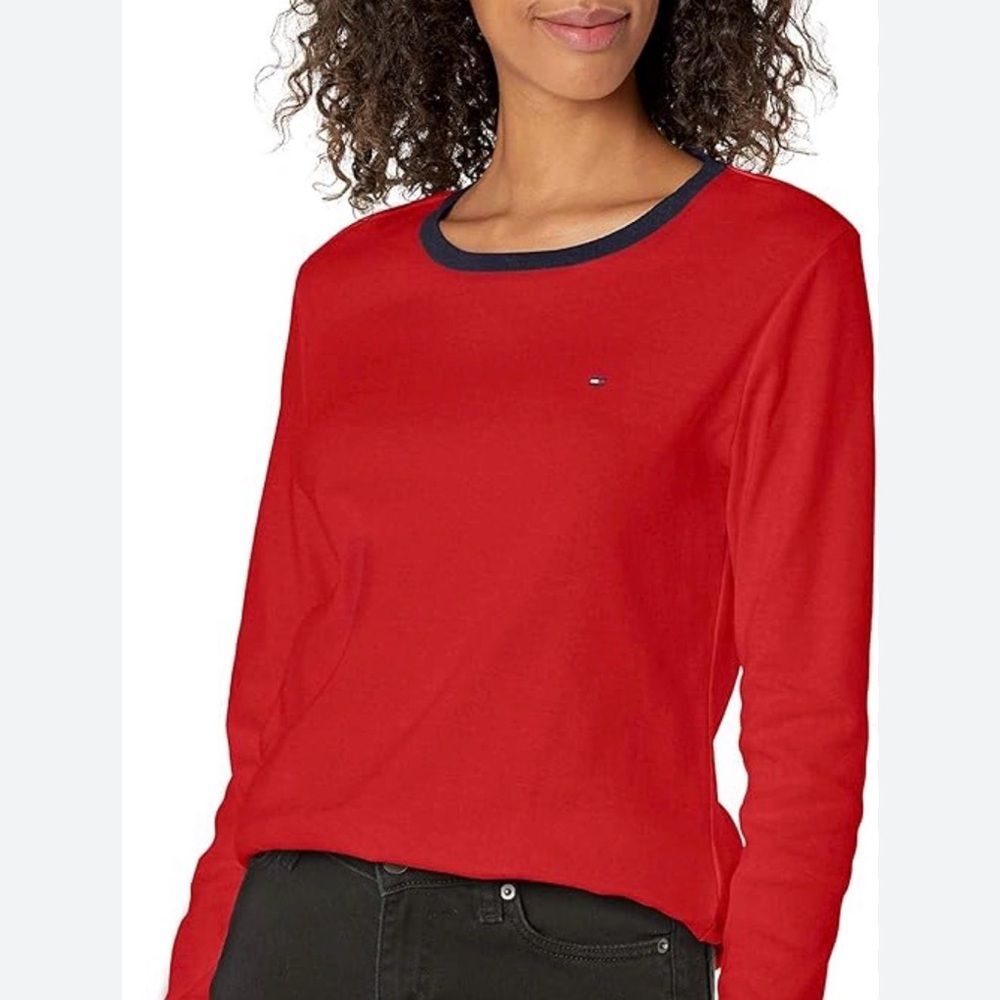 Tommy Hilfiger Womens Cozy Ribbed Trim Side Tie Red Sweatshirt Size Small